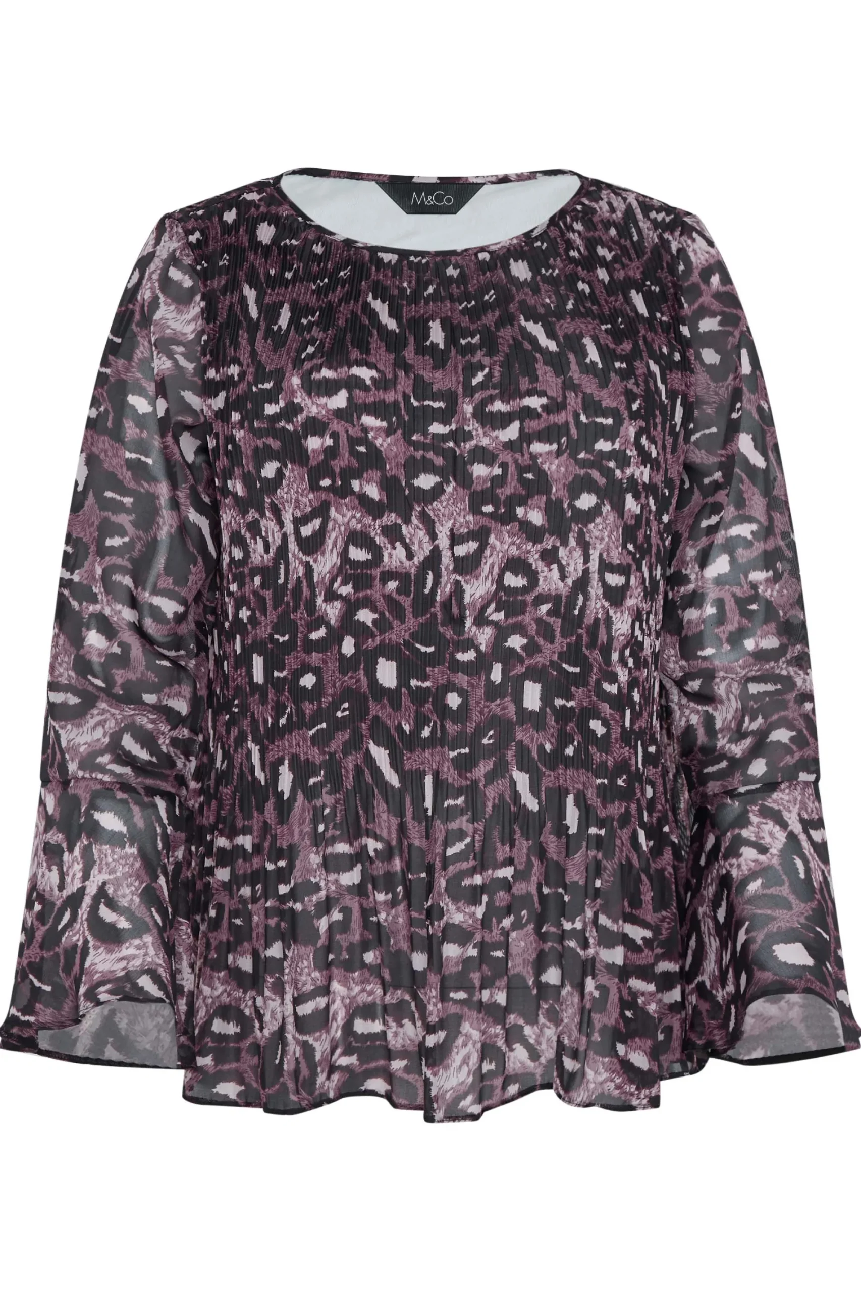 M&Co Womens Purple Leopard Print Pleat Blouse>Women Long Sleeve Tops