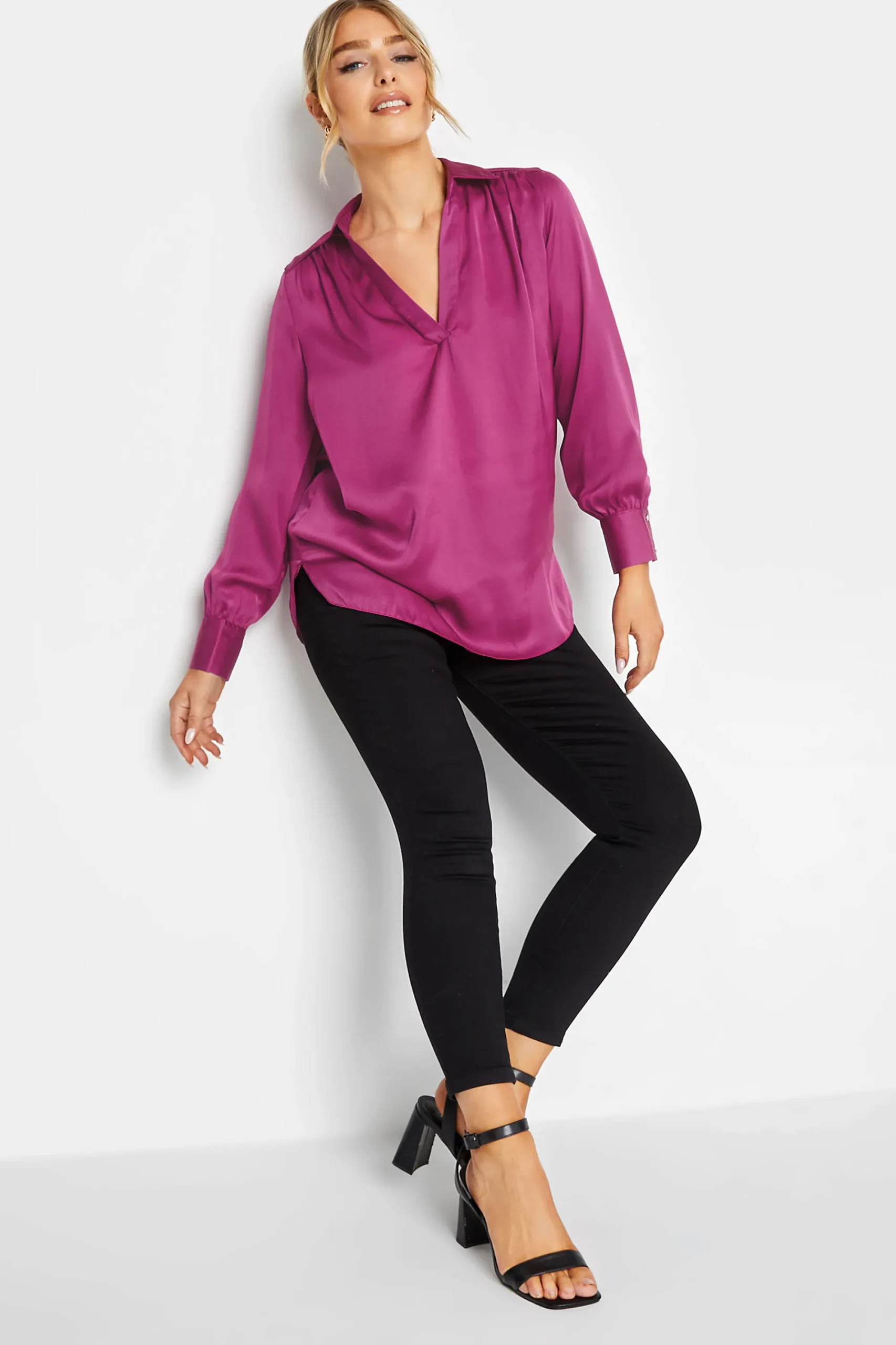 M&Co Womens Purple Satin V-Neck Blouse>Women Shirts