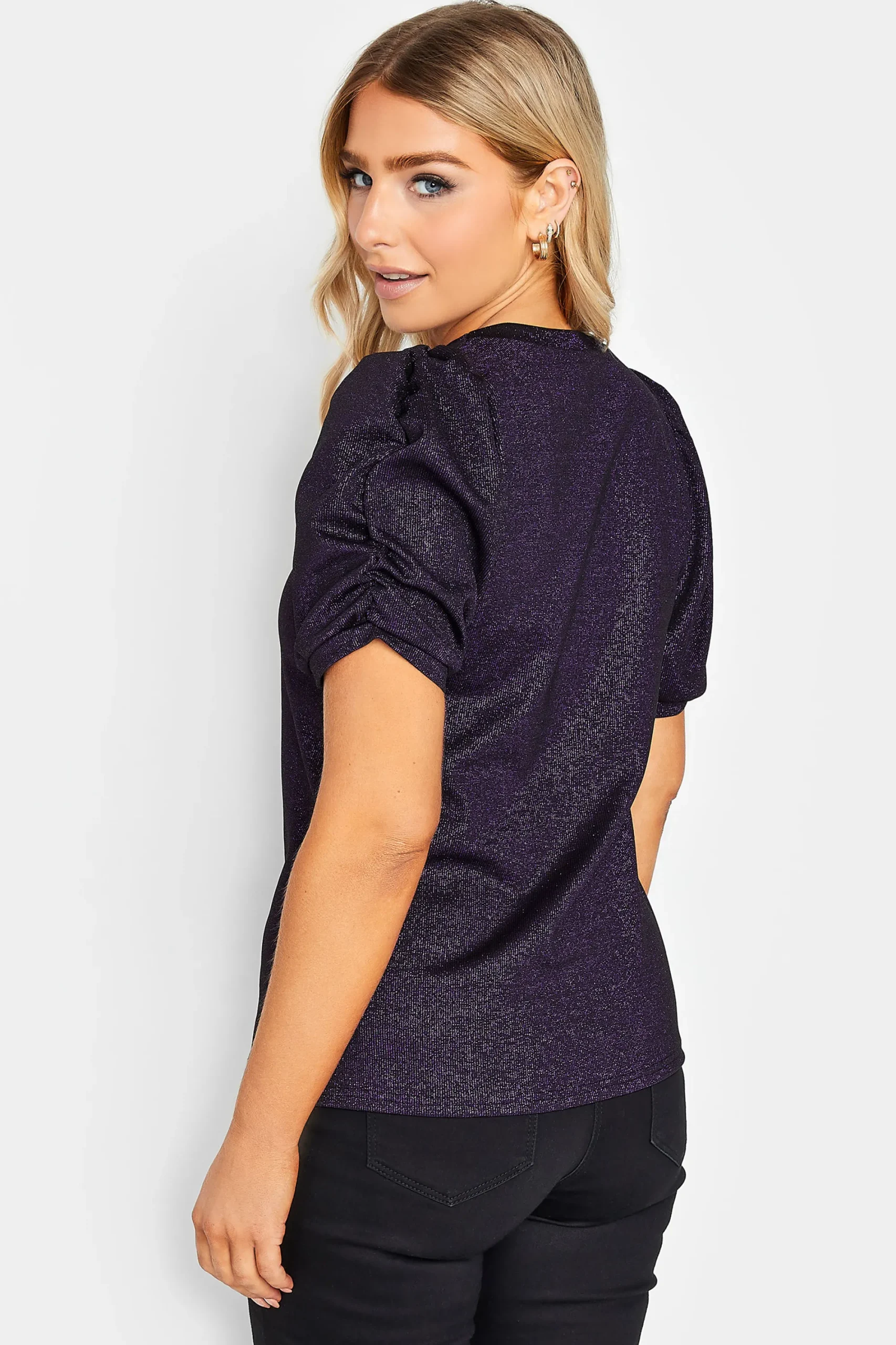 M&Co Womens Purple Shimmer Ruched Sleeve Blouse>Women Blouses
