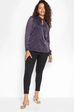 M&Co Womens Purple Shimmer Keyhole Blouse>Women Long Sleeve Tops