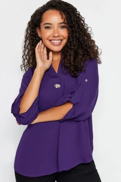 M&Co Womens Purple Statement Button Tab Sleeve Shirt>Women Shirts