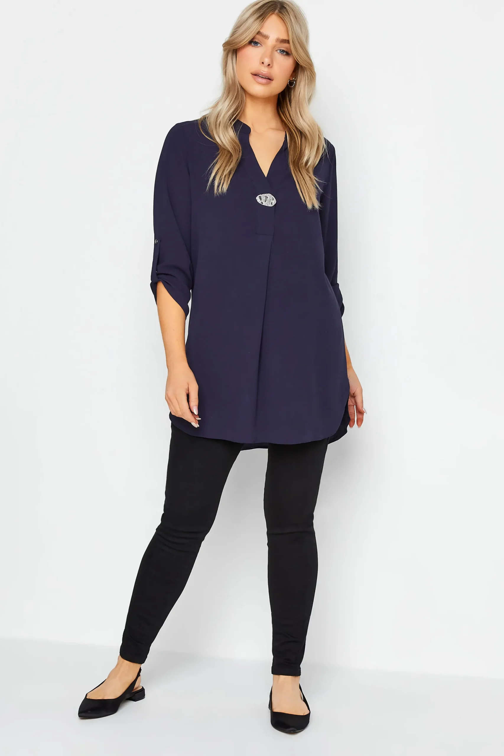 M&Co Womens Purple Statement Button Tab Sleeve Shirt>Women Shirts