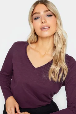 M&Co Womens Purple V-Neck Long Sleeve Cotton Blend T-Shirt><noscript><img width=