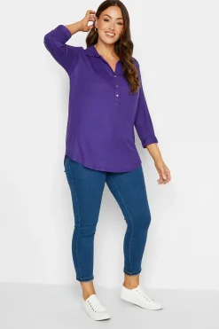 M&Co Womens Purple V-Neck Half Placket Shirt>Women Shirts