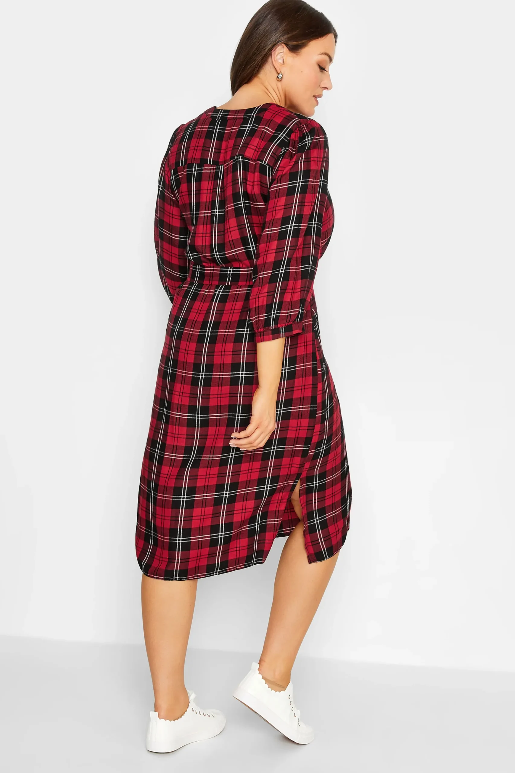 M&Co Womens Red & Black Check Tie Waist Tunic Dress>Women Shirt Dresses