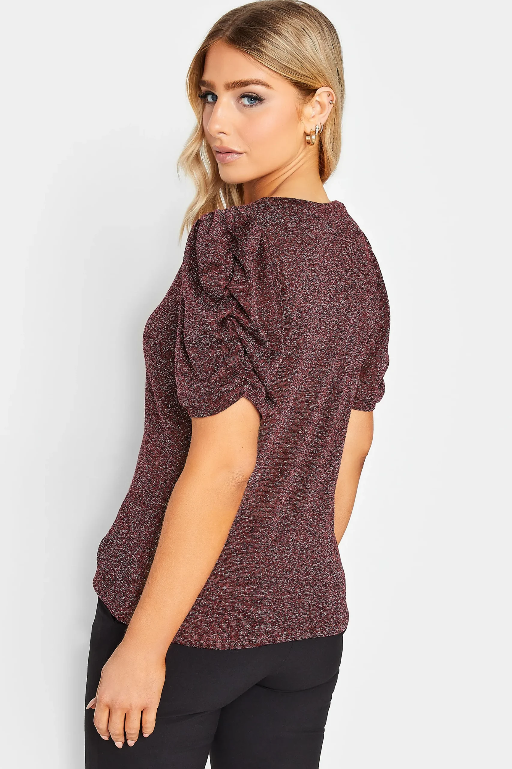 M&Co Womens Red & Silver Glitter Ruched Sleeve Blouse>Women Blouses
