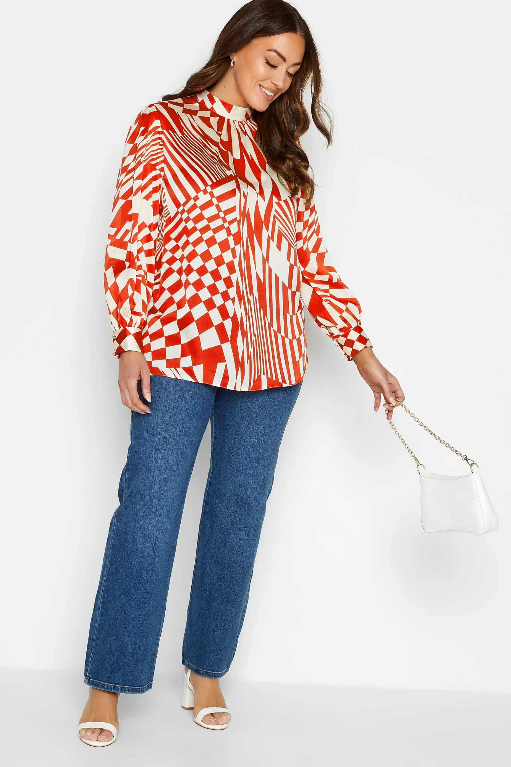 M&Co Womens Red & White Abstract Print High Neck Satin Blouse>Women Long Sleeve Tops