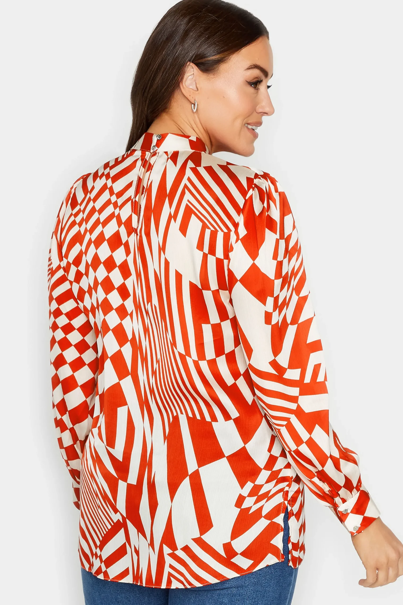 M&Co Womens Red & White Abstract Print High Neck Satin Blouse>Women Long Sleeve Tops