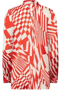 M&Co Womens Red & White Abstract Print High Neck Satin Blouse><noscript><img width=