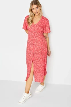 M&Co Womens Red Ditsy Spot Print Midi Button Through Tea Dress>Women Midi Dresses