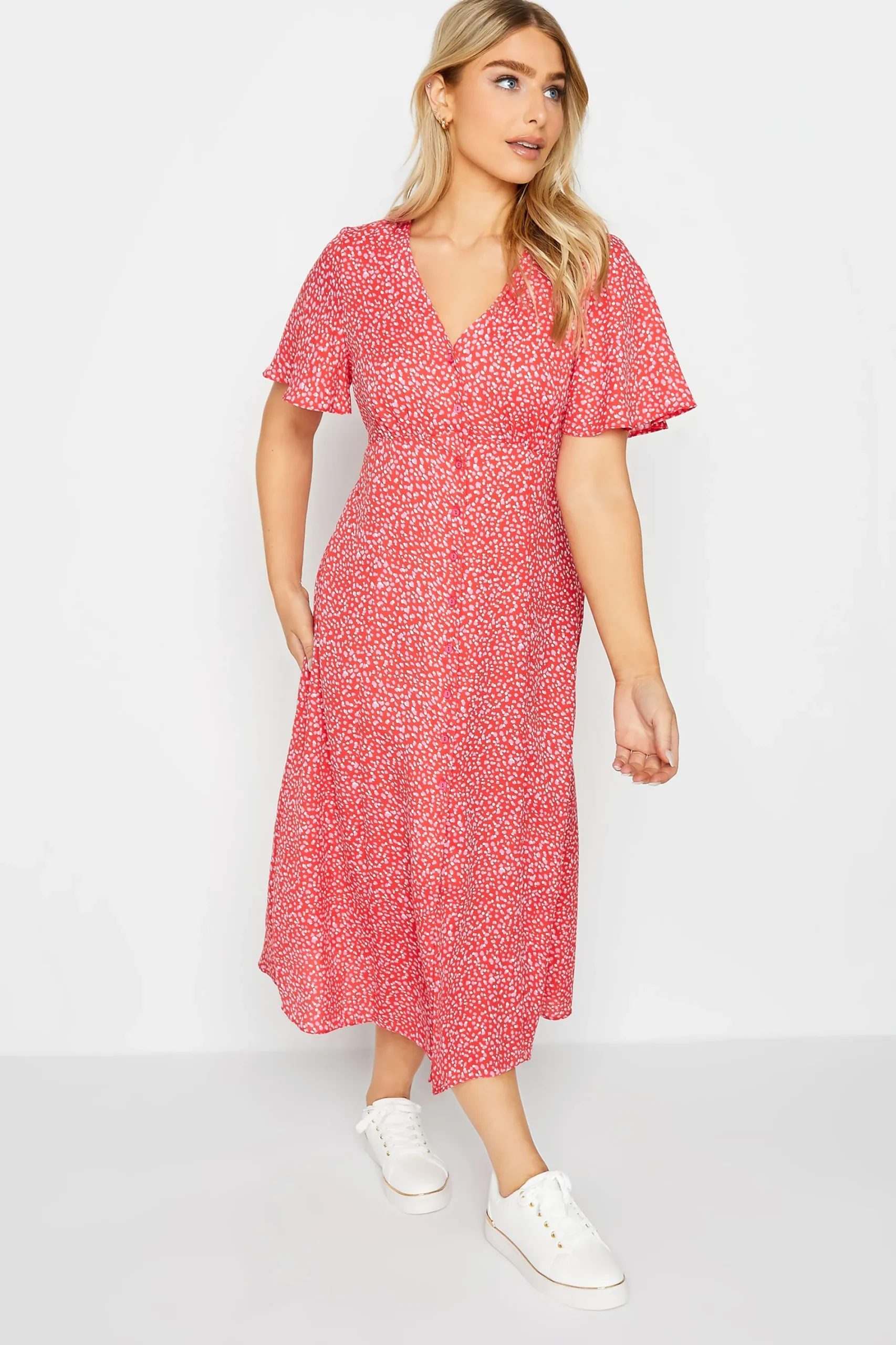 M&Co Womens Red Ditsy Spot Print Midi Button Through Tea Dress>Women Midi Dresses