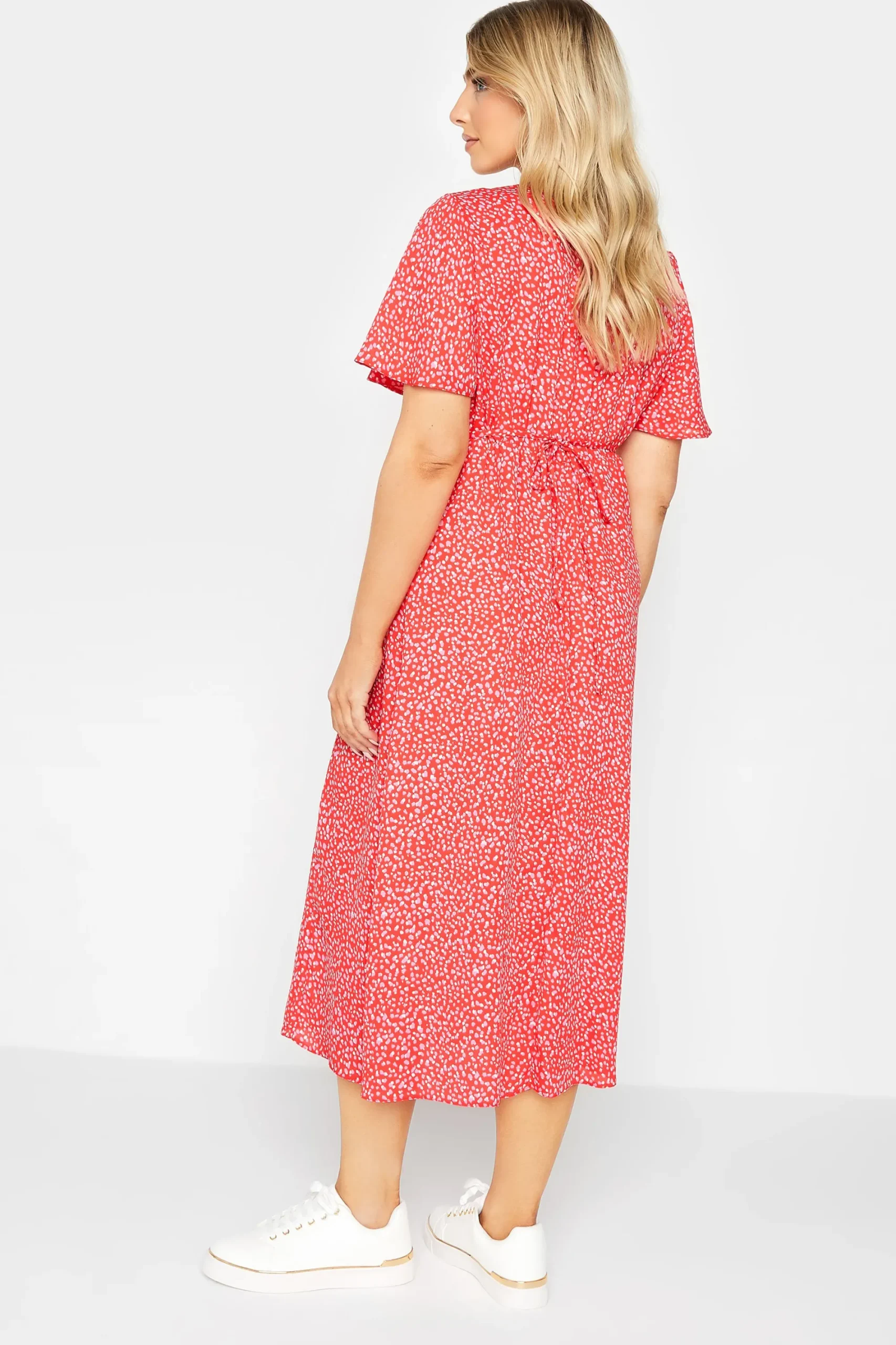 M&Co Womens Red Ditsy Spot Print Midi Button Through Tea Dress>Women Midi Dresses
