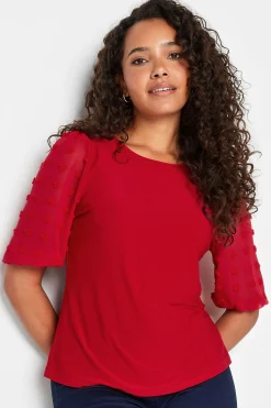 M&Co Womens Red Dobby Sleeve Blouse>Women Shirts