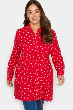 M&Co Womens Red Floral Print Tie Waist Tunic Shirt>Women Shirts