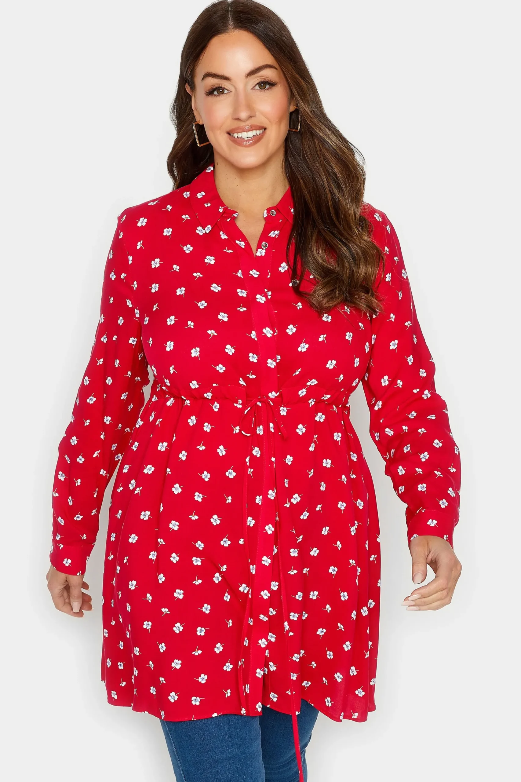 M&Co Womens Red Floral Print Tie Waist Tunic Shirt>Women Shirts