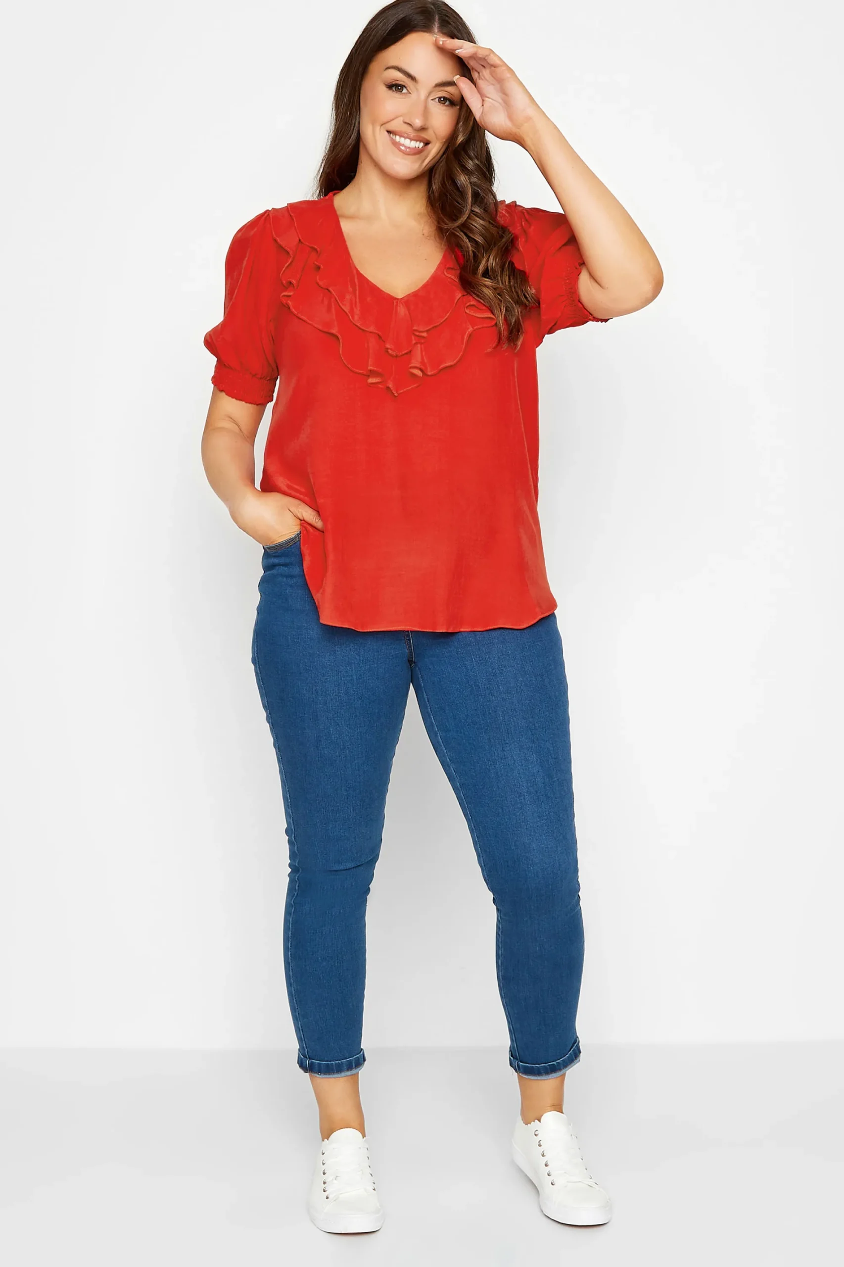 M&Co Womens Red Frill Front Blouse>Women Short Sleeve Tops
