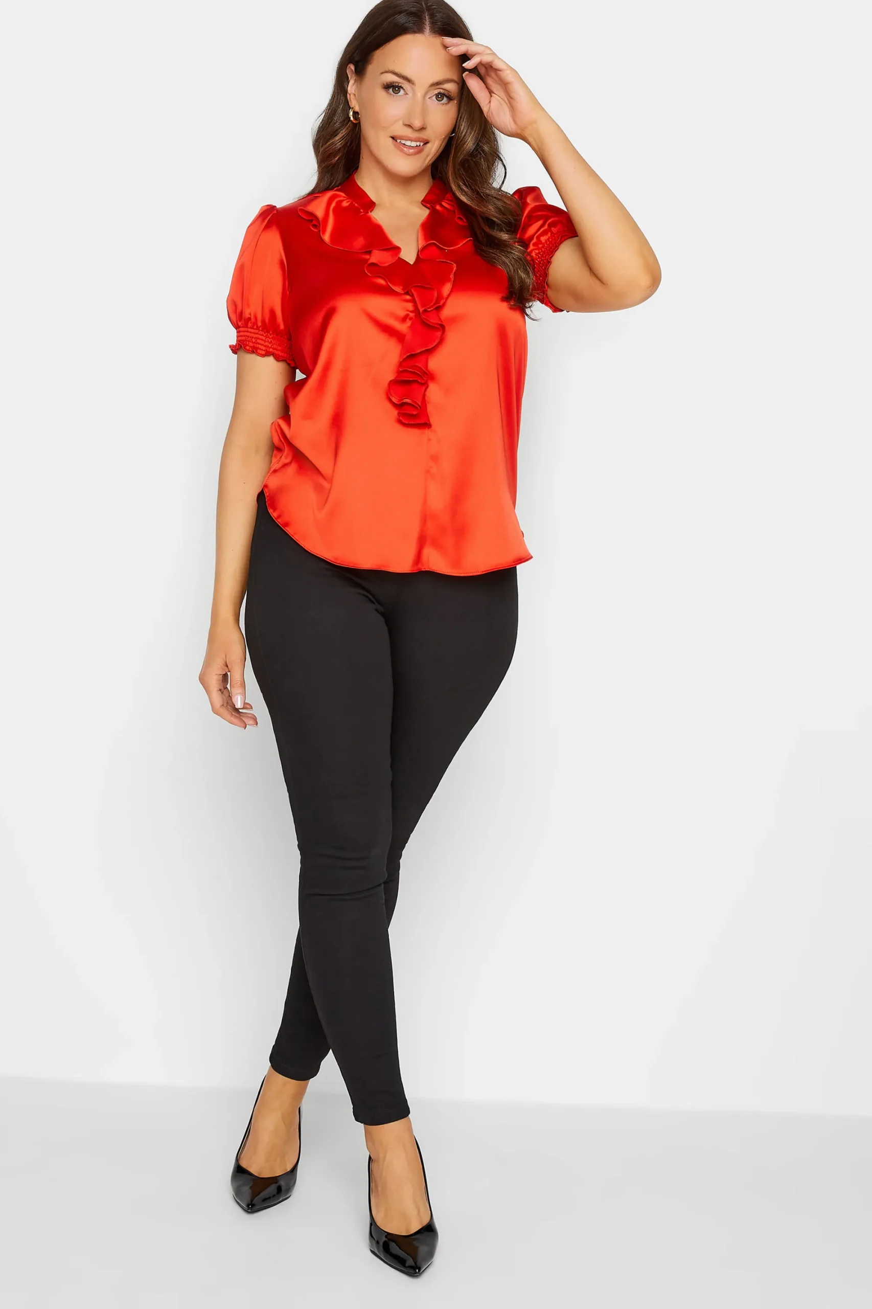 M&Co Womens Red Frill Satin Blouse>Women Short Sleeve Tops