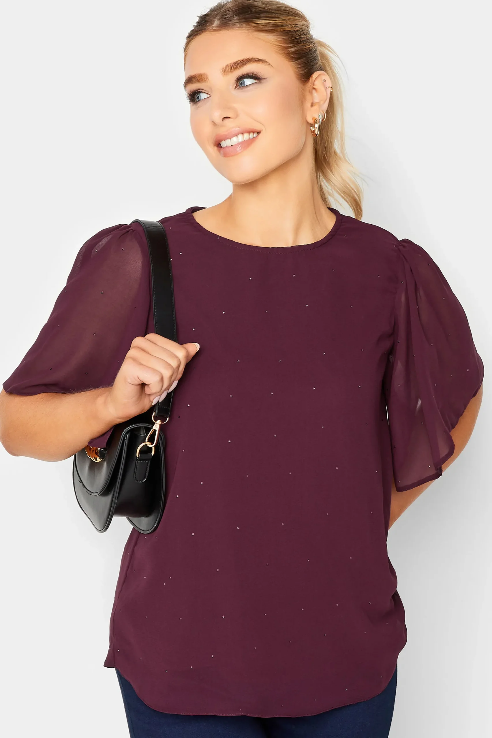 M&Co Womens Red Gem Detail Angel Sleeve Blouse>Women Blouses