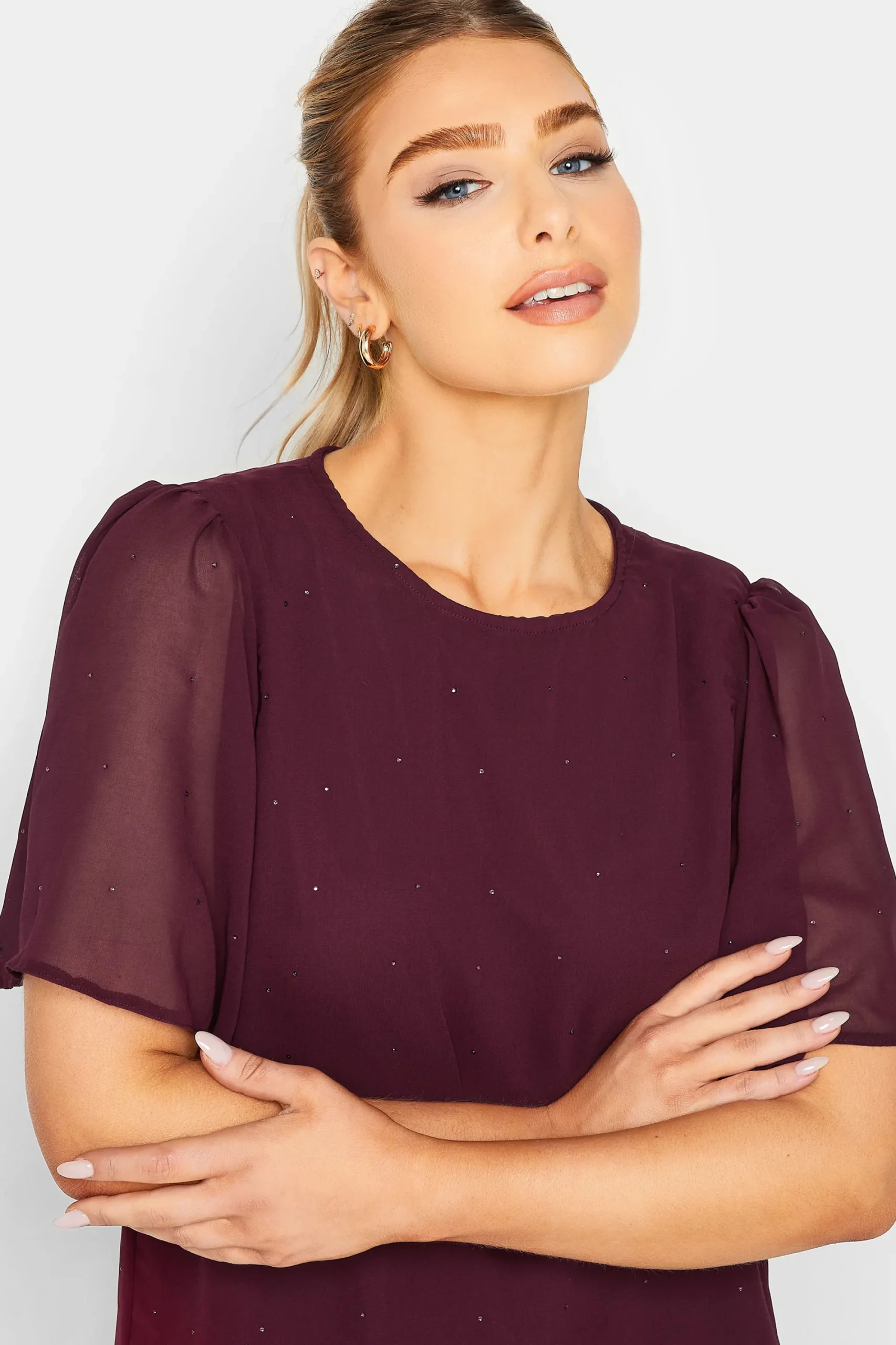 M&Co Womens Red Gem Detail Angel Sleeve Blouse>Women Blouses
