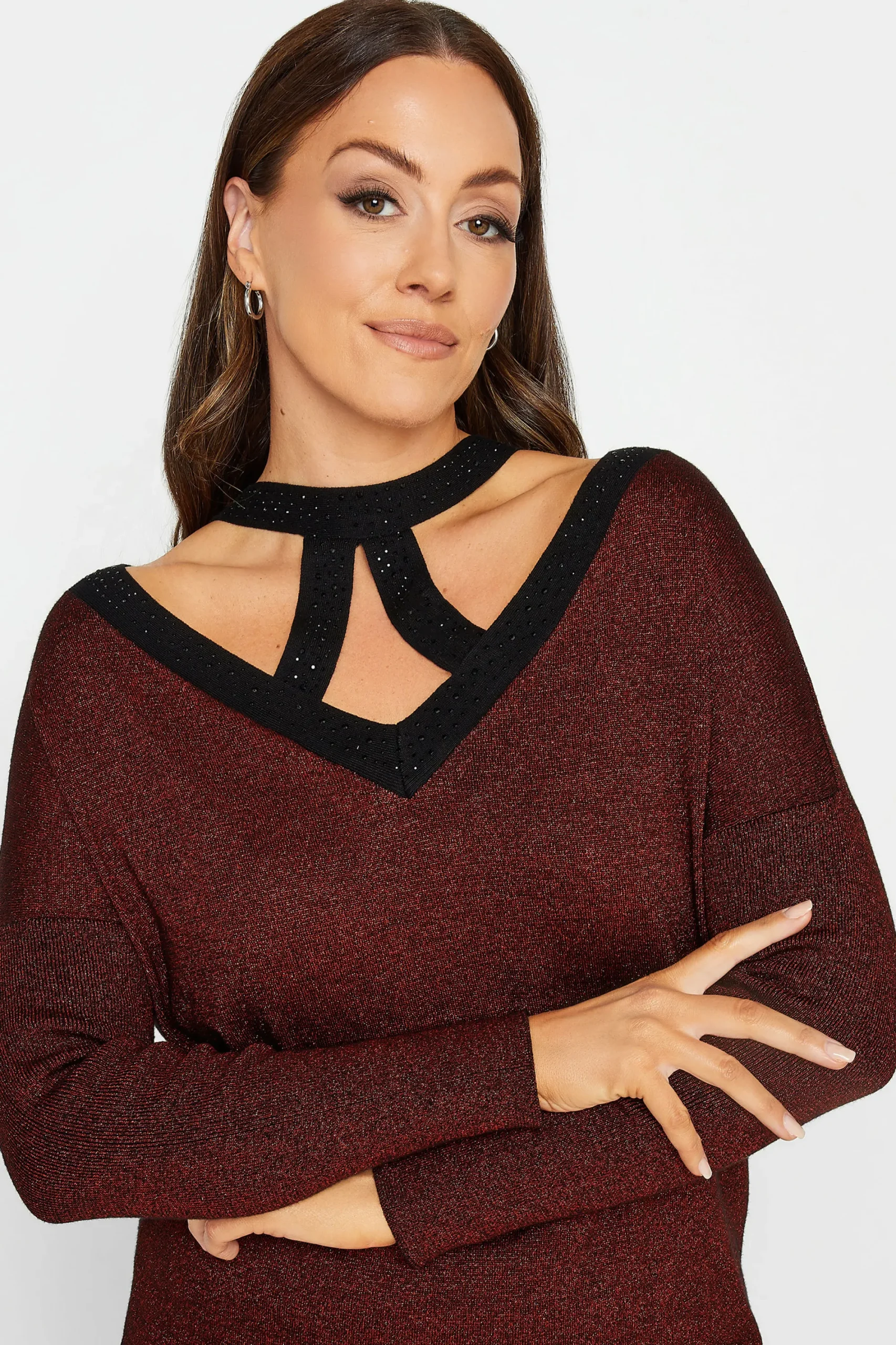 M&Co Womens Red Glitter Cut Out Tunic Jumper>Women Long Sleeve Tops