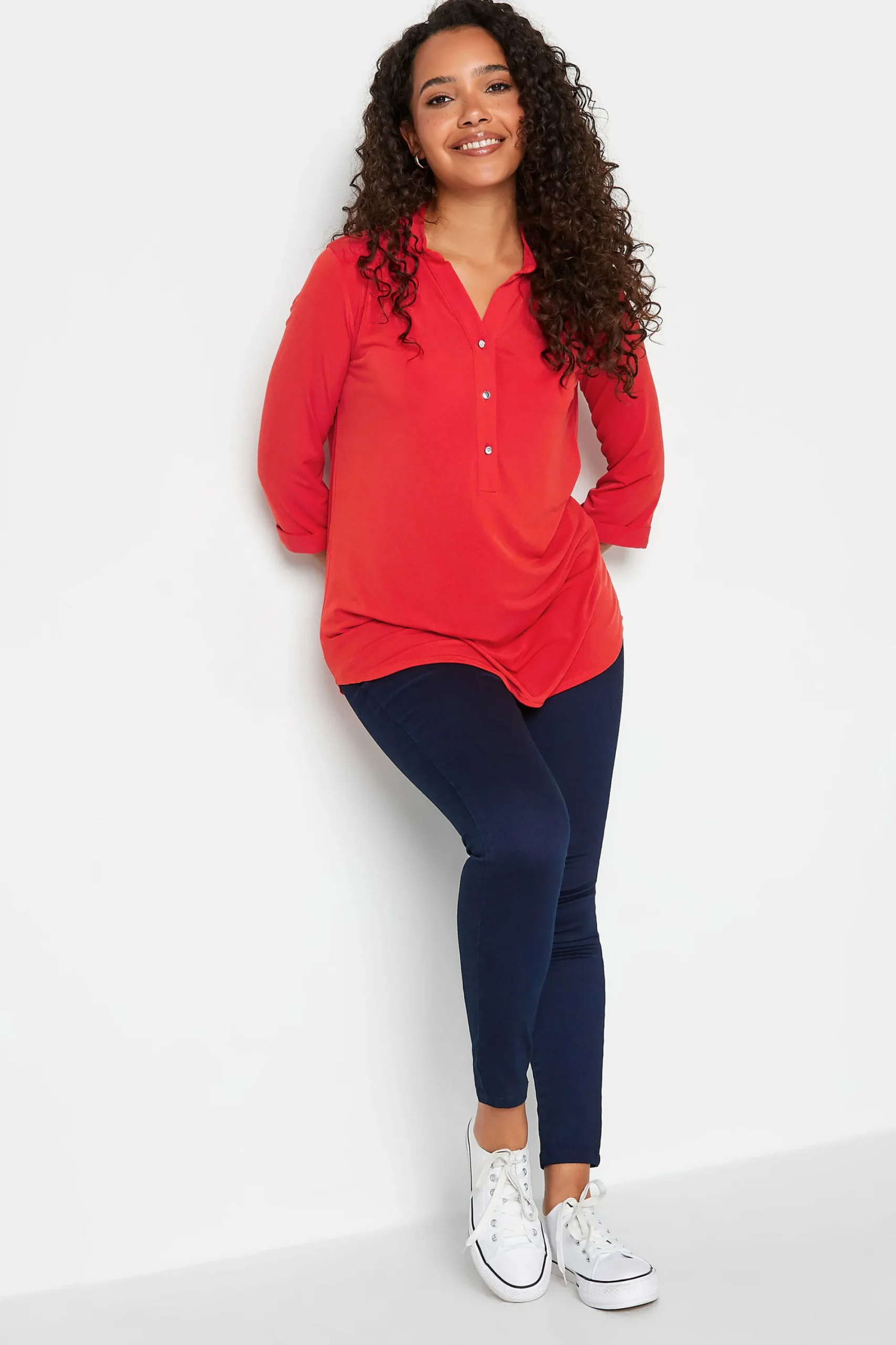M&Co Womens Red Half Placket Jersey Shirt>Women Shirts