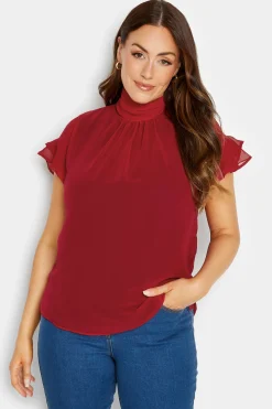 M&Co Womens Red High Neck Frill Sleeve Blouse>Women Short Sleeve Tops