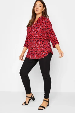 M&Co Womens Red Rose Print Half Placket Shirt>Women Shirts