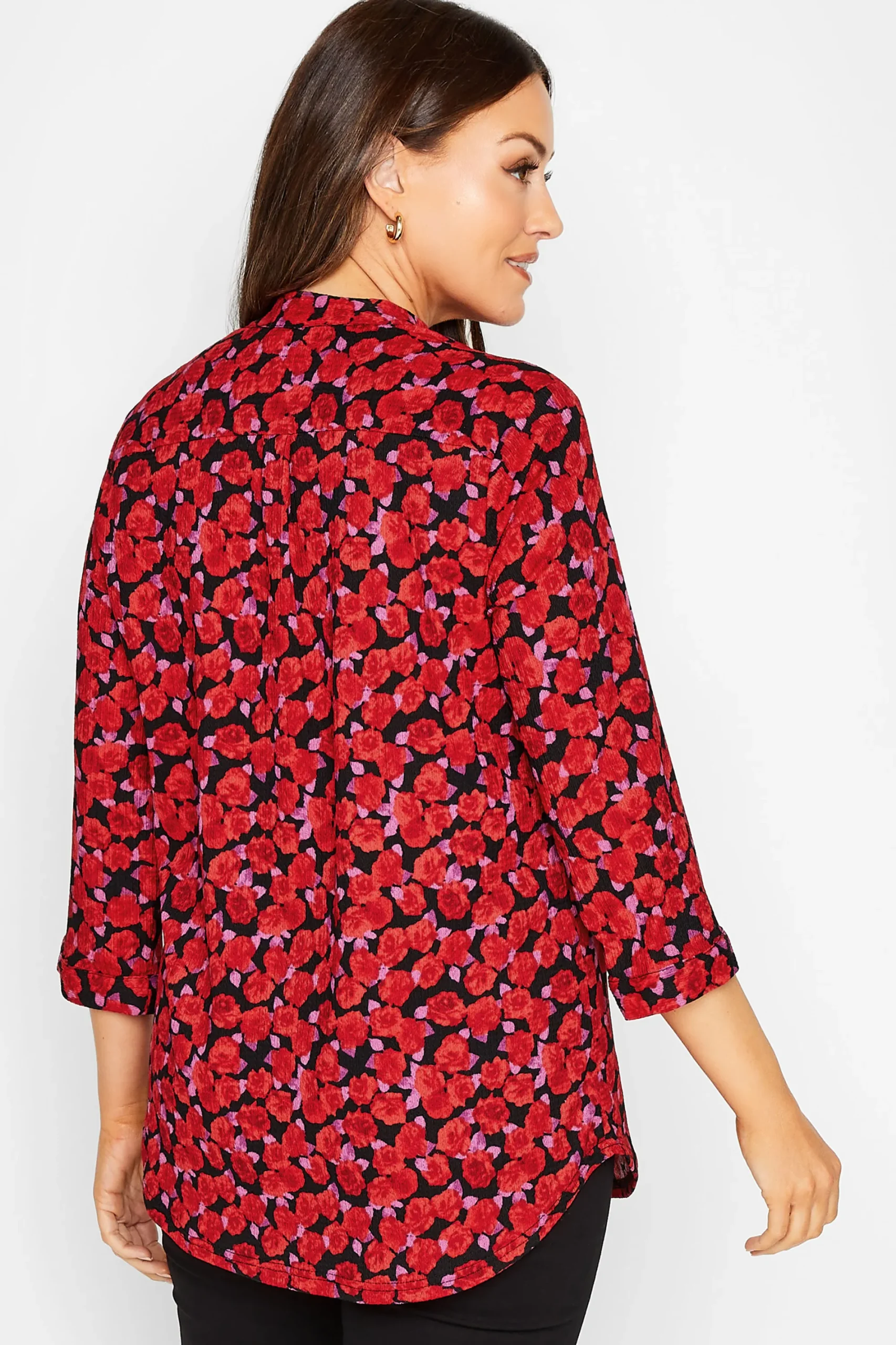 M&Co Womens Red Rose Print Half Placket Shirt>Women Shirts