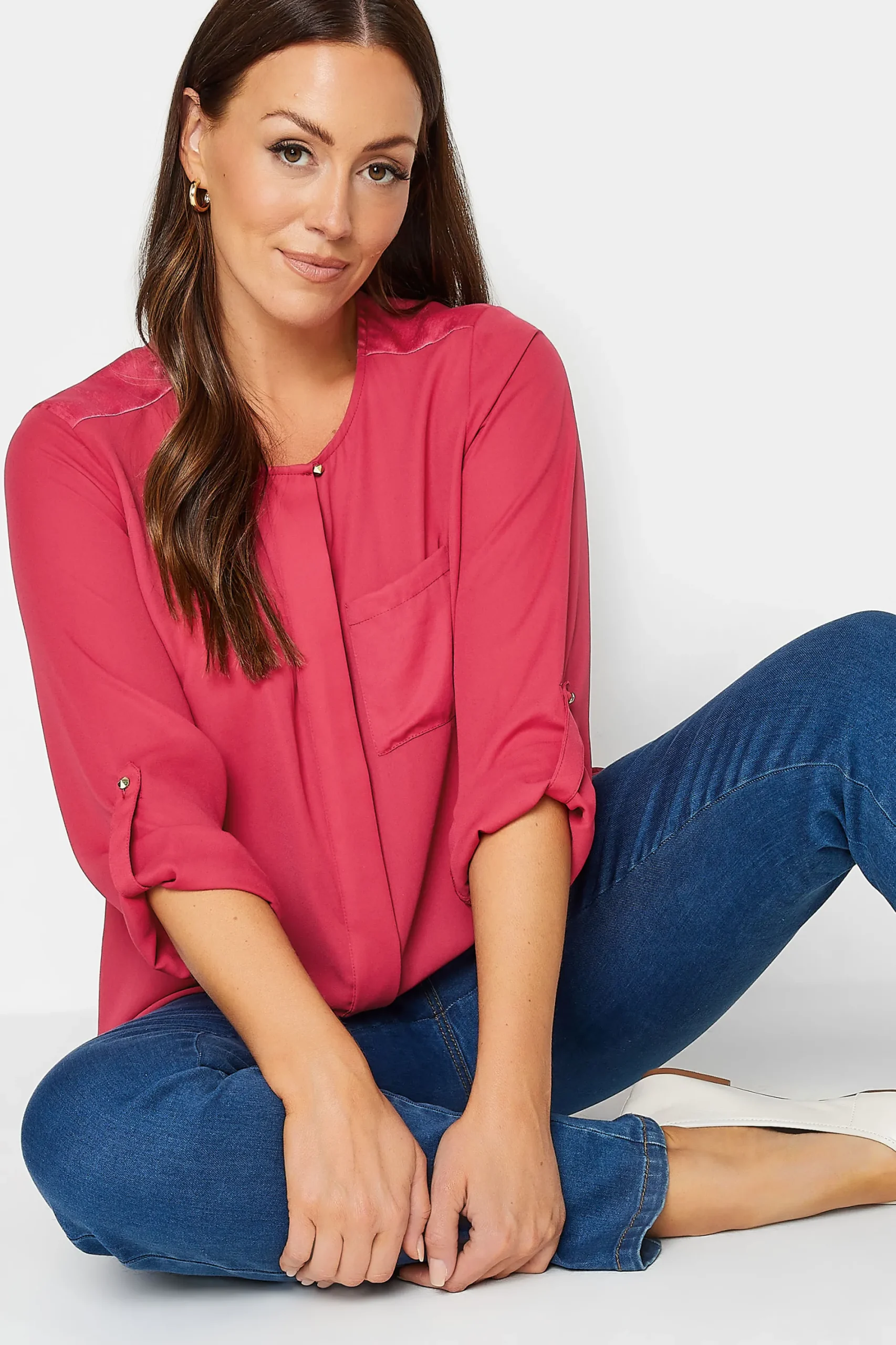 M&Co Womens Red Satin Contrast Panel Shirt>Women Shirts