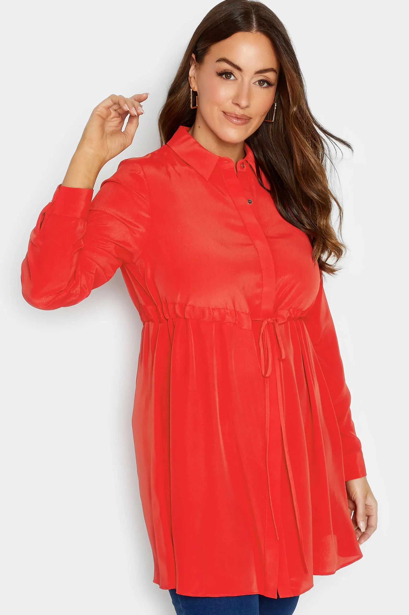 M&Co Womens Red Tie Waist Tunic Shirt>Women Shirts