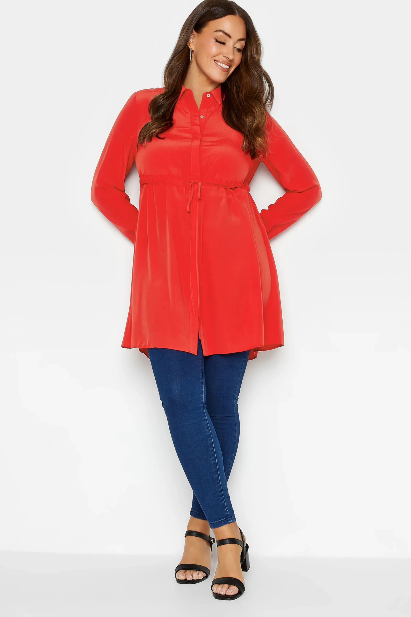 M&Co Womens Red Tie Waist Tunic Shirt>Women Shirts