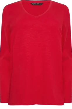 M&Co Womens Red V-Neck Long Sleeve Cotton Blend T-Shirt><noscript><img width=