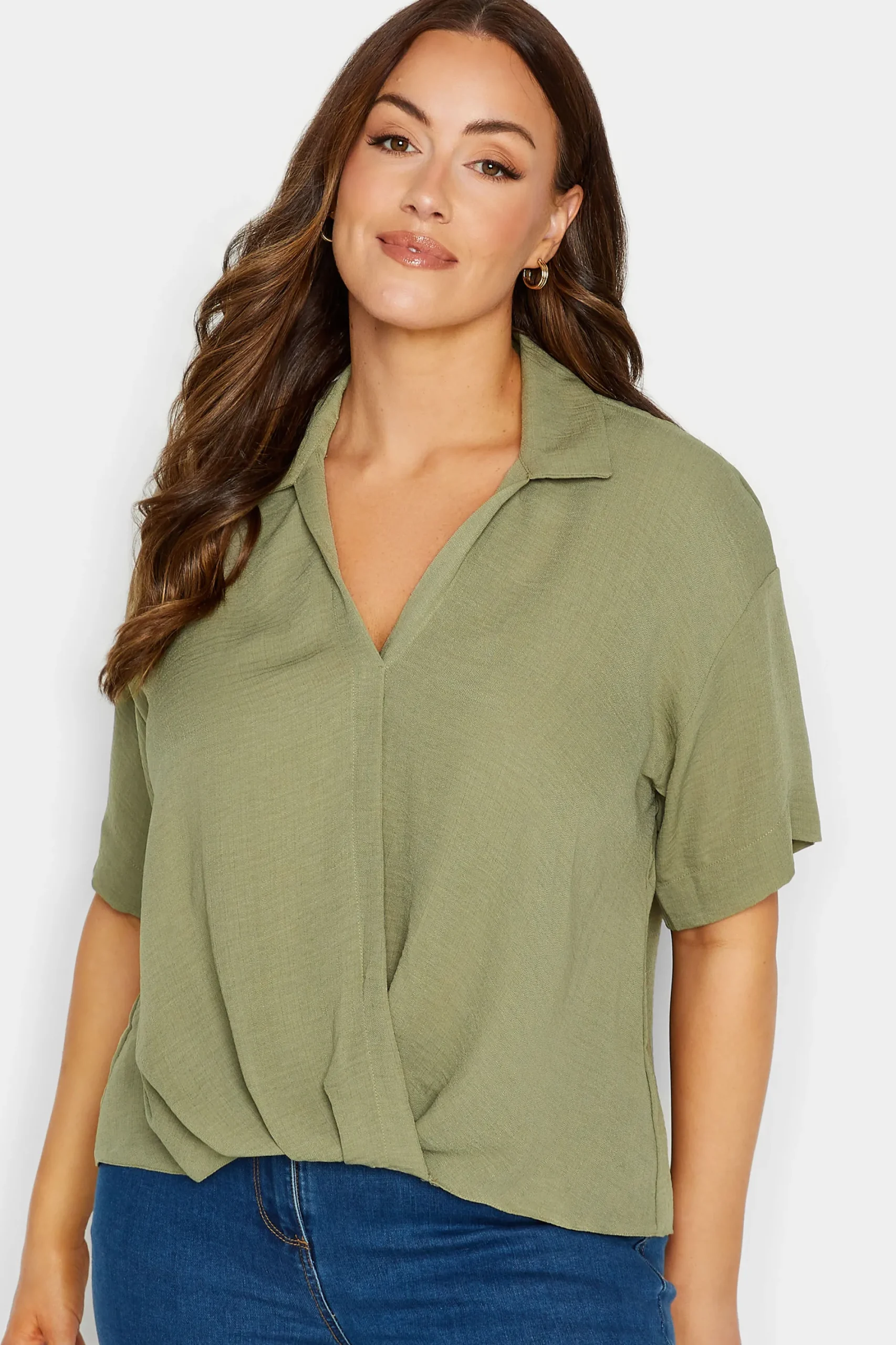 M&Co Womens Sage Green V-Neck Wrap Blouse>Women Short Sleeve Tops