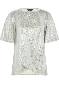 M&Co Womens Silver Sequin Angel Sleeve Wrap Top>Women T-Shirts