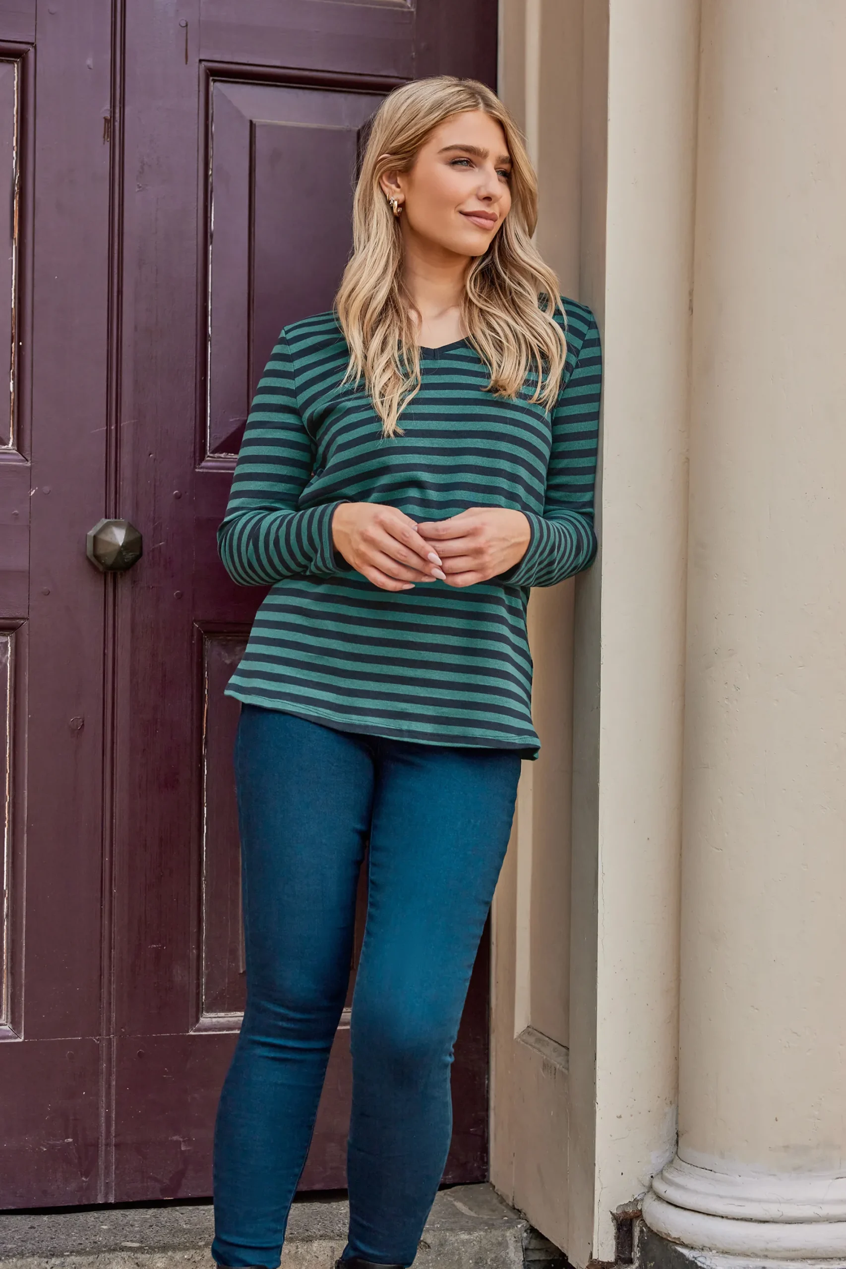 M&Co Womens Teal Blue Stripe V-Neck Long Sleeve Cotton T-Shirt>Women T-Shirts