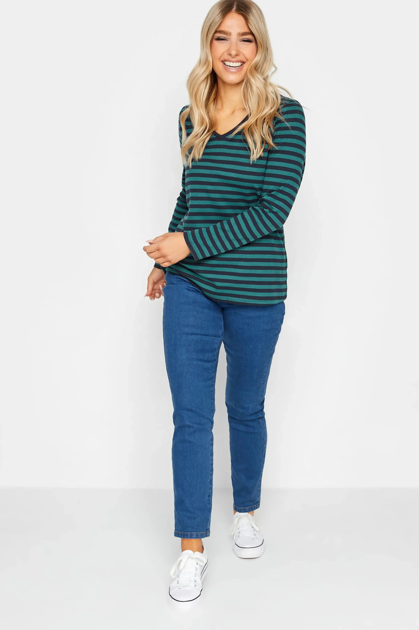 M&Co Womens Teal Blue Stripe V-Neck Long Sleeve Cotton T-Shirt>Women T-Shirts