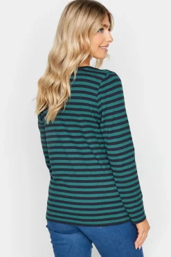 M&Co Womens Teal Blue Stripe V-Neck Long Sleeve Cotton T-Shirt><noscript><img width=