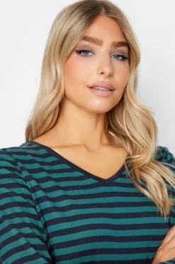 M&Co Womens Teal Blue Stripe V-Neck Long Sleeve Cotton T-Shirt><noscript><img width=