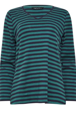 M&Co Womens Teal Blue Stripe V-Neck Long Sleeve Cotton T-Shirt><noscript><img width=