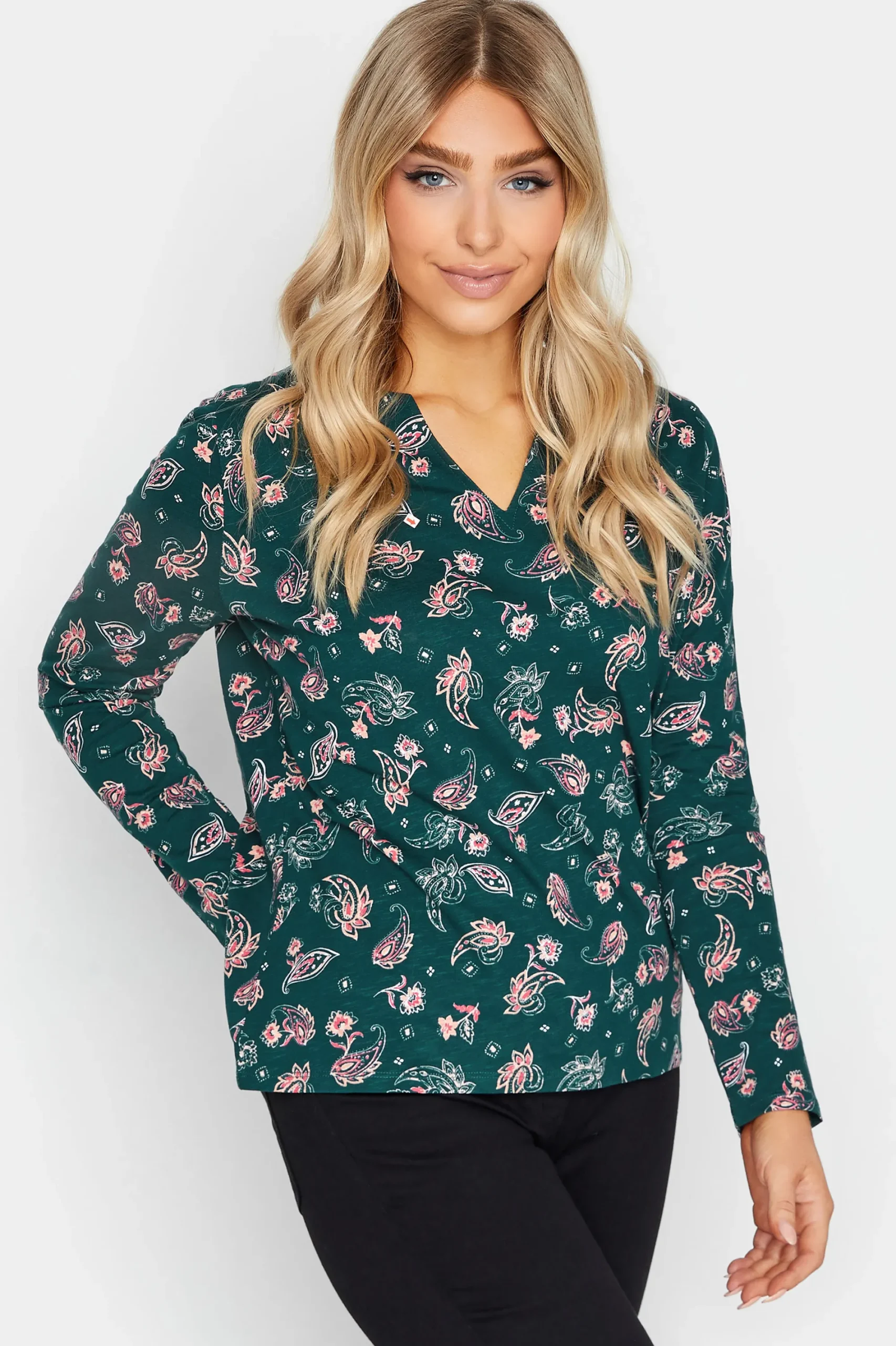 M&Co Womens Teal Green Paisley Print Notch Neck Cotton T-Shirt>Women T-Shirts
