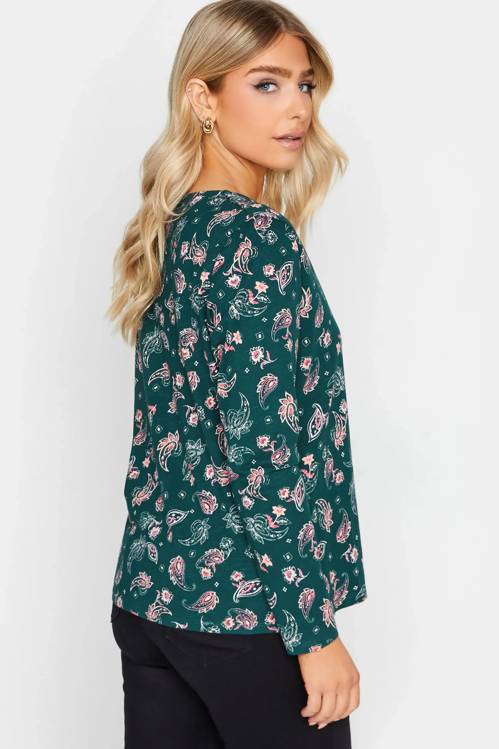 M&Co Womens Teal Green Paisley Print Notch Neck Cotton T-Shirt>Women T-Shirts
