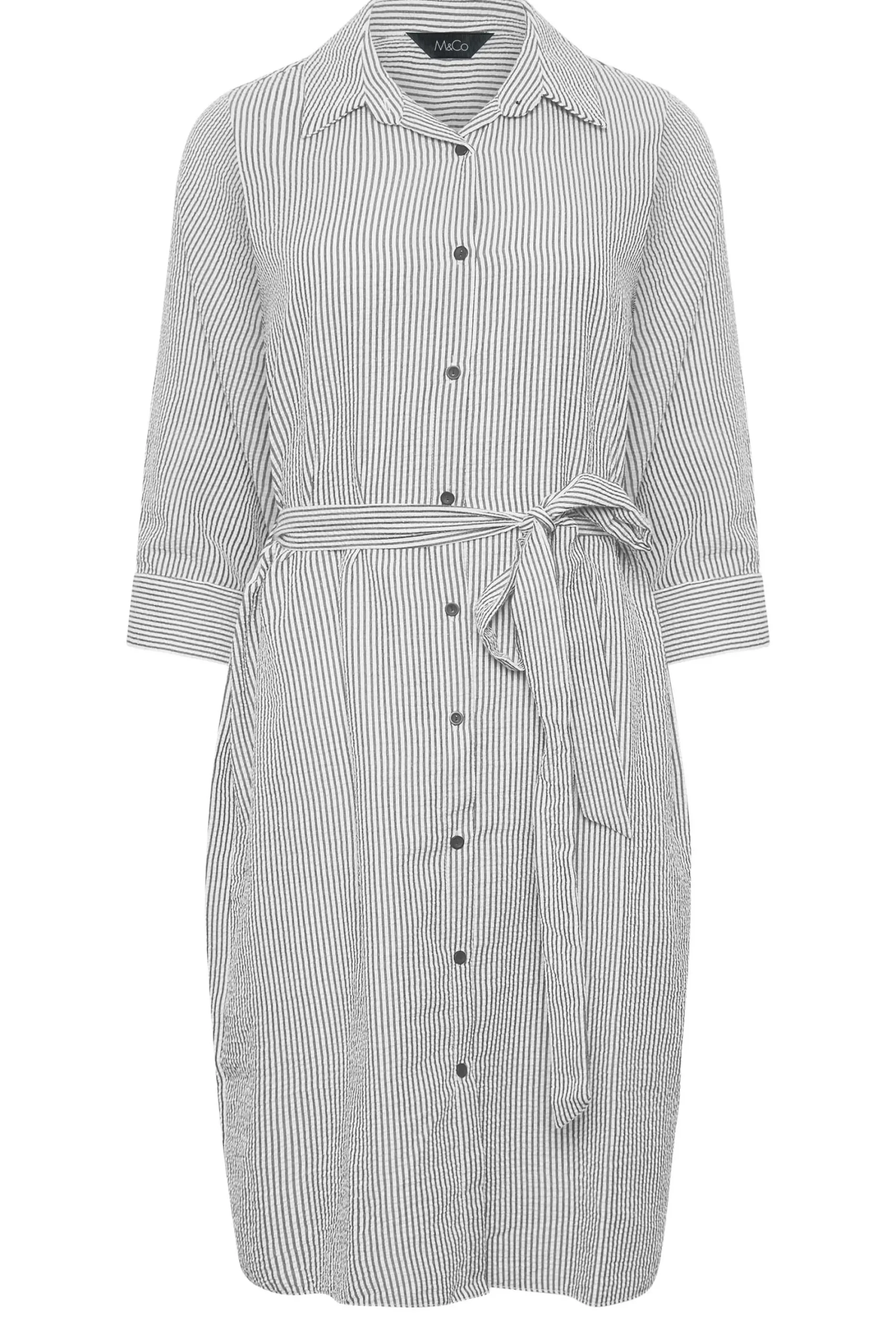 M&Co Womens White & Black Stripe Print Tie Waist Tunic Shirt Dress>Women Shirt Dresses