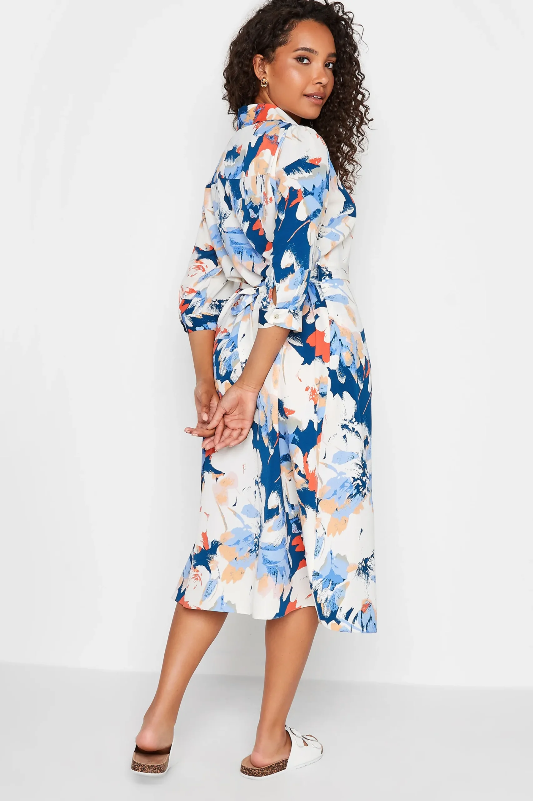 M&Co Womens White & Blue Floral Print Button Through Shirt Dress>Women Wedding Guest Dresses