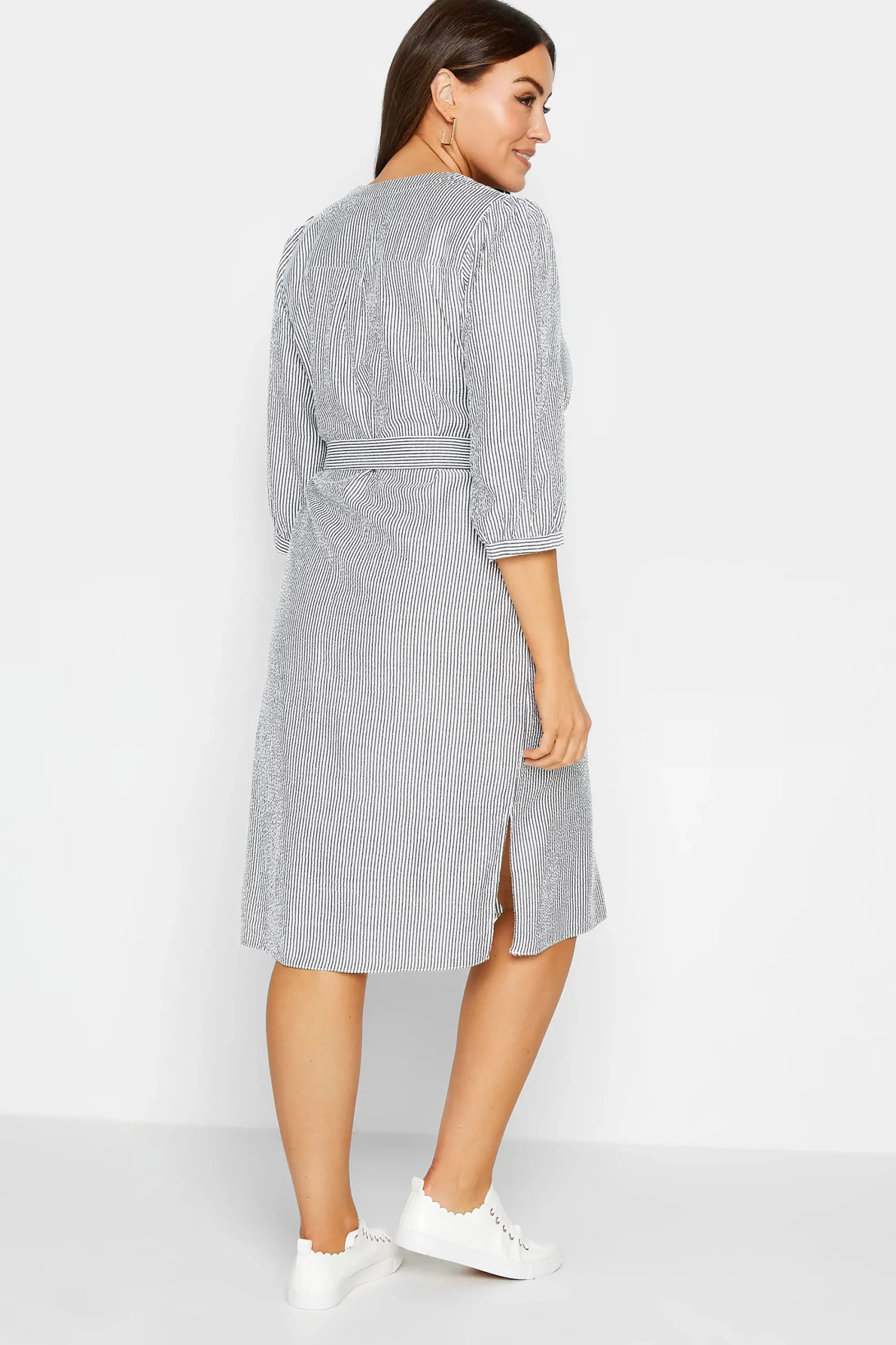 M&Co Womens White & Grey Stripe Print Tie Waist Tunic Dress>Women Shirt Dresses