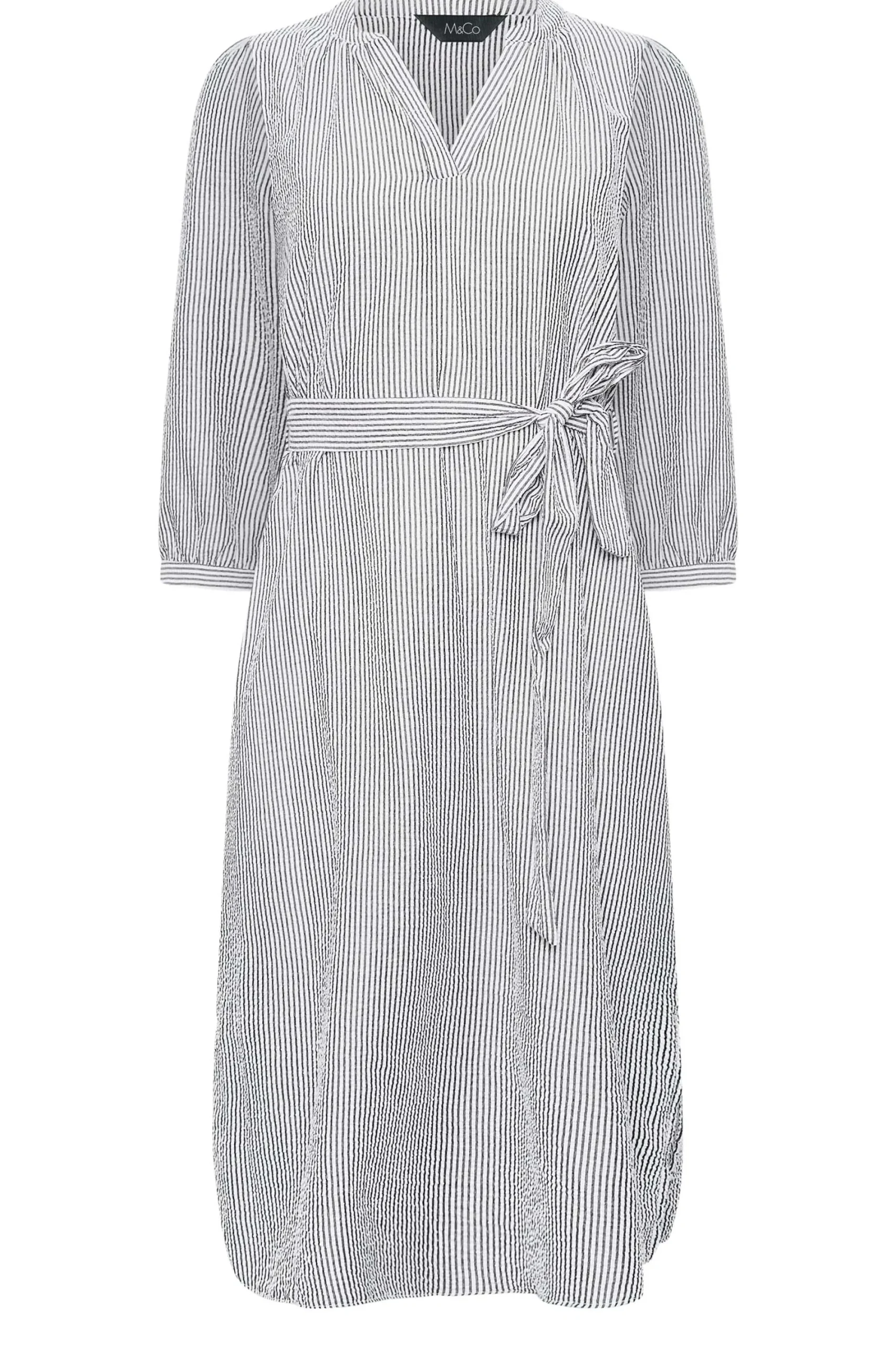 M&Co Womens White & Grey Stripe Print Tie Waist Tunic Dress>Women Shirt Dresses