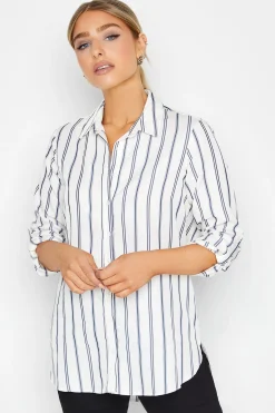 M&Co Womens White & Navy Blue Stripe Tab Sleeve Shirt>Women Shirts
