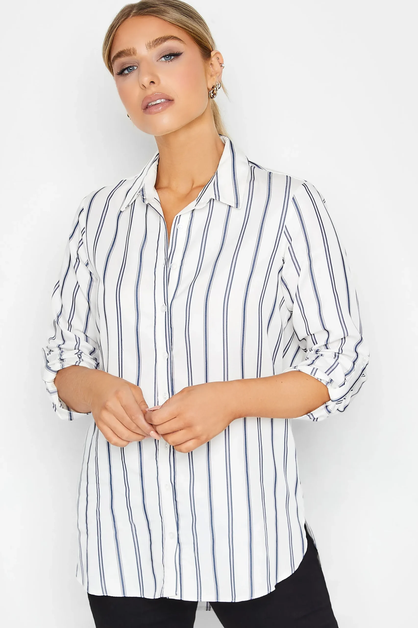 M&Co Womens White & Navy Blue Stripe Tab Sleeve Shirt>Women Shirts