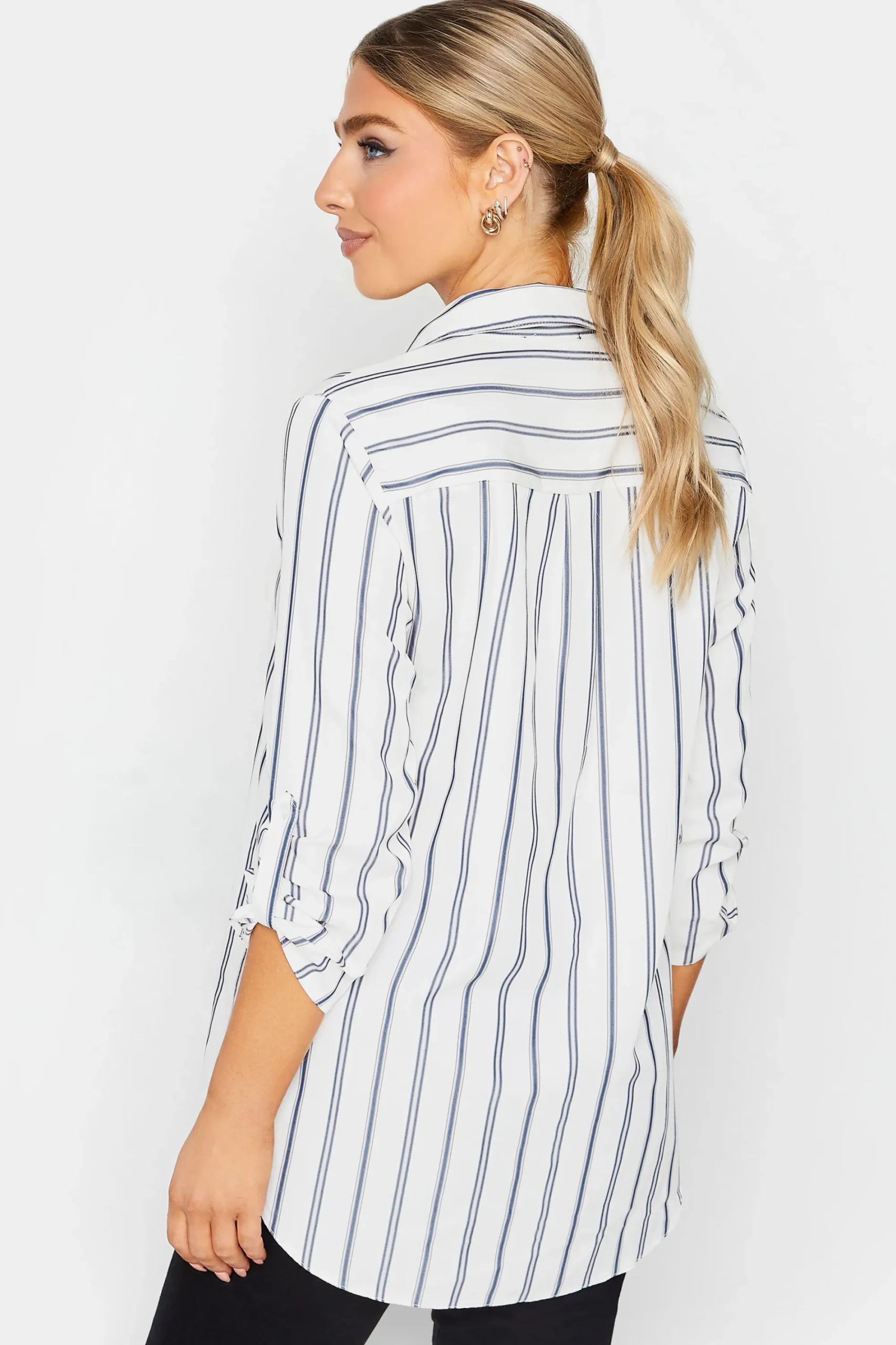 M&Co Womens White & Navy Blue Stripe Tab Sleeve Shirt>Women Shirts