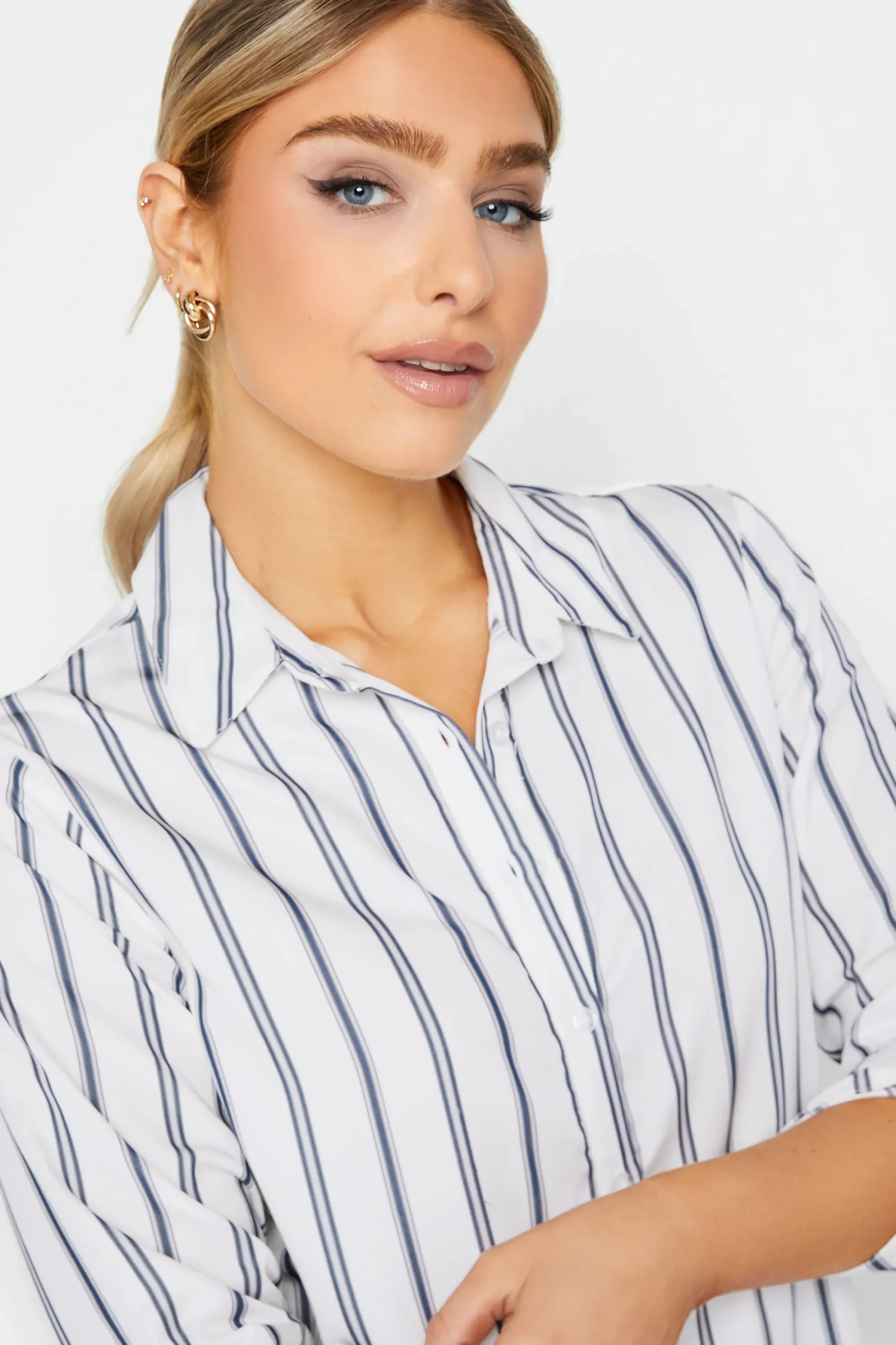M&Co Womens White & Navy Blue Stripe Tab Sleeve Shirt>Women Shirts