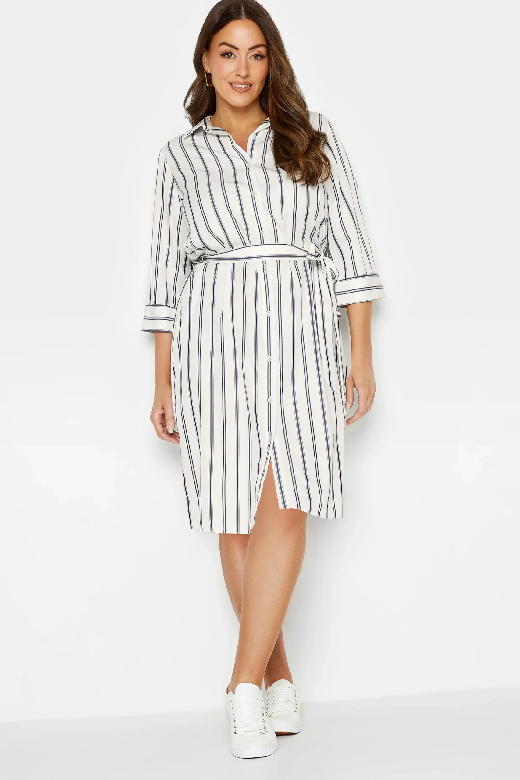 M&Co Womens White & Navy Blue Stripe Print Tie Waist Tunic Shirt Dress>Women Shirt Dresses